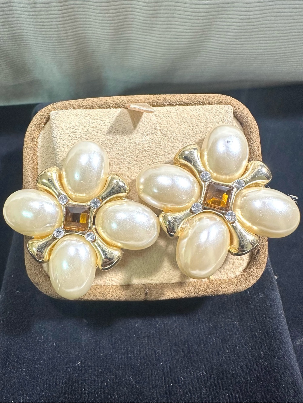 NOS/ Vtg Oversized Faux Pearl, Rhinestone Clip On Earrings